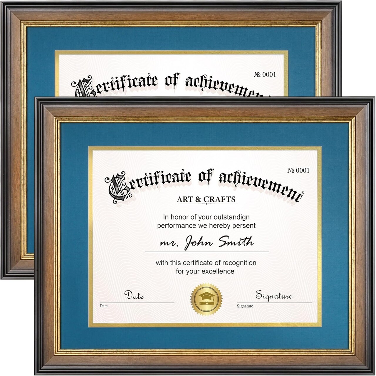 11x14 Diploma Frame with Mat for 8.5x11 Certificate, Document Frame with Navy Over Gold Acid-free Mats & Tempered Glass, Tabletop or Wall Mount, 2 Pack, Walnut/Blue
